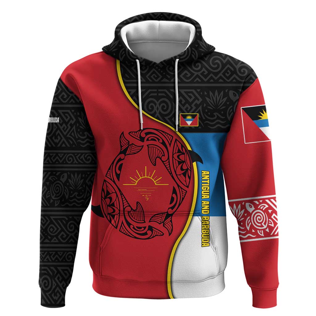 Antigua and Barbuda Tribal Hoodie with Polynesian Dolphin Sun Design with National Flag Colors TS04