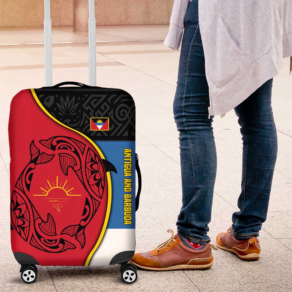 Antigua and Barbuda Tribal Luggage Cover with Polynesian Dolphin Sun Design with National Flag Colors TS04