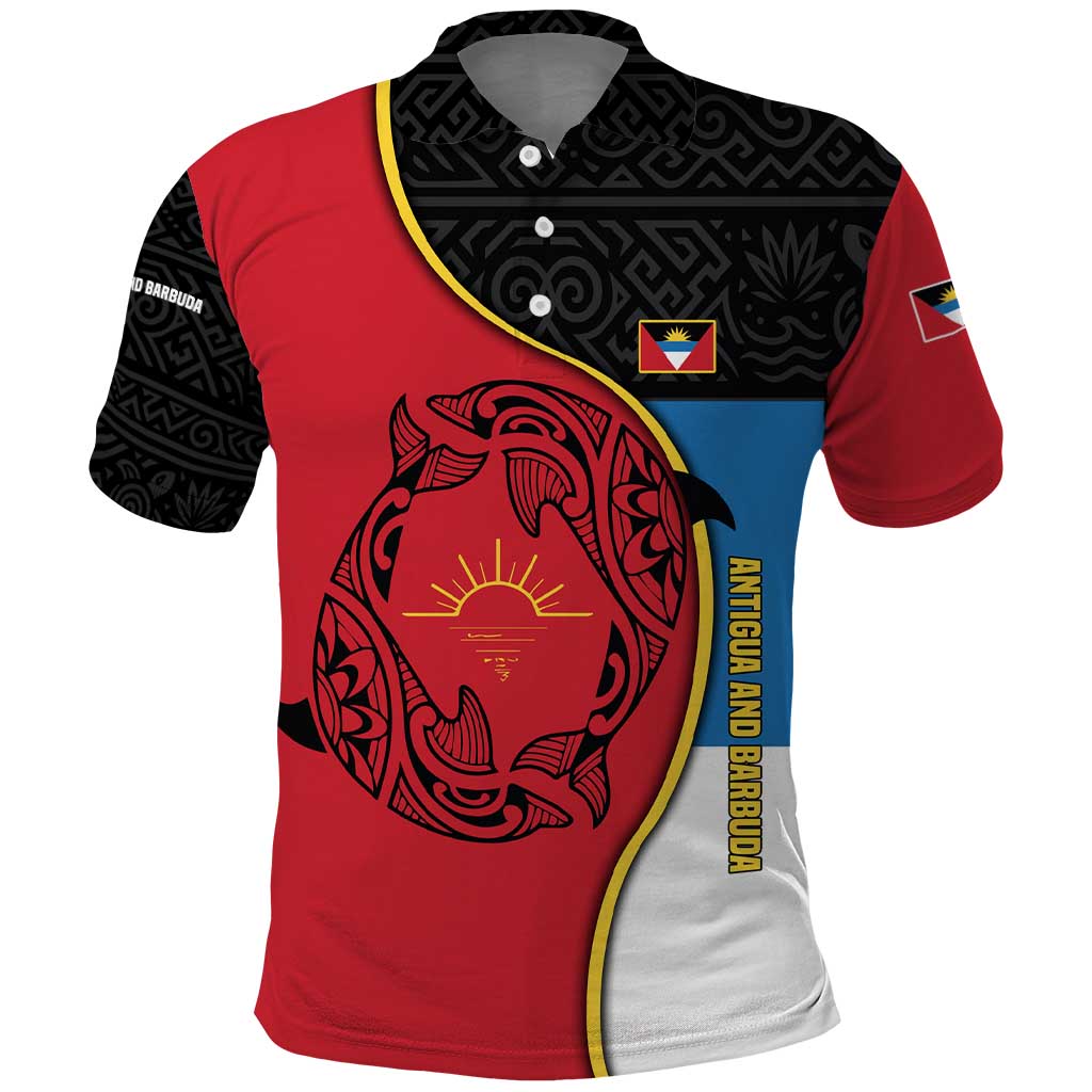 Antigua and Barbuda Tribal Polo Shirt with Polynesian Dolphin Sun Design with National Flag Colors TS04