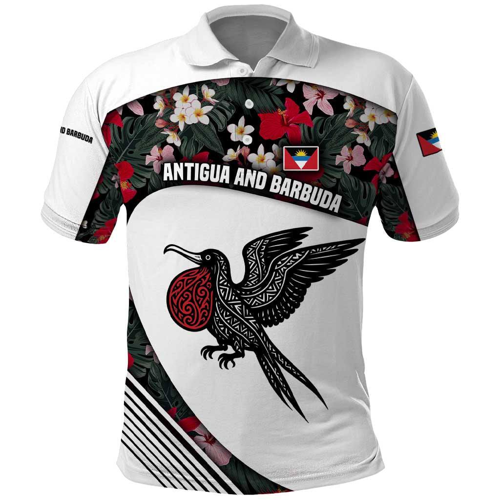 Antigua and Barbuda Hummingbird Polo Shirt with Tribal Bird and Tropical Floral Design with Island Flag TS04