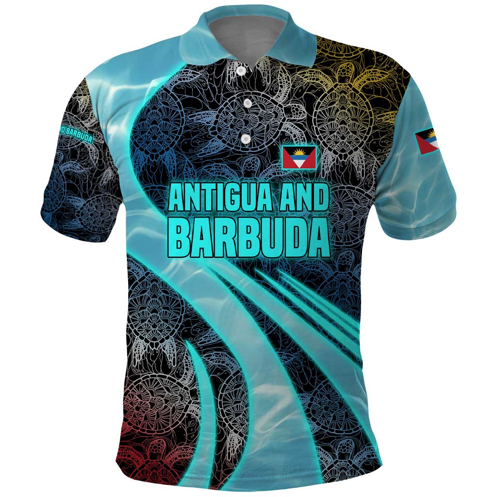 Antigua and Barbuda Sea Turtle Polo Shirt with Tribal Mandala Design with Ocean Waves and National Flag TS04