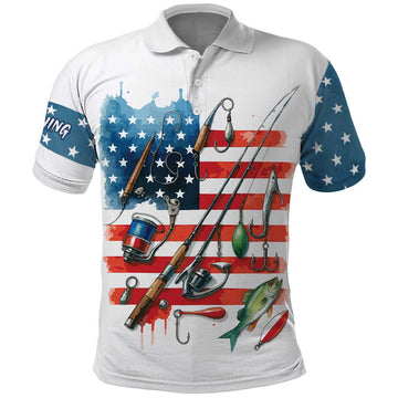 American Flag Fishing Polo Shirt with Fishing Rods and Lures Watercolor Style Design TS04