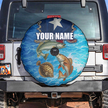 Texas Flag Fishing Spare Tire Cover with Ocean Fish Graphic and Blue Water Background TS04