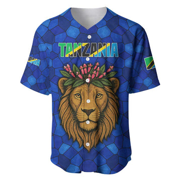 Tanzania Simba Lion Baseball Jersey - Floral Crown and Blue Mosaic Design TS04