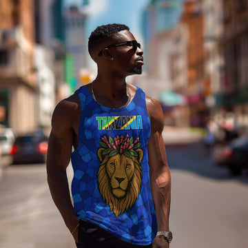 Tanzania Simba Lion Men Tank Top - Floral Crown and Blue Mosaic Design TS04