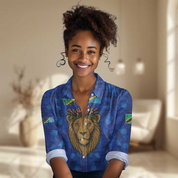 Tanzania Simba Lion Women Casual Shirt - Floral Crown and Blue Mosaic Design TS04
