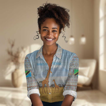 Tanzania Safari Giraffe Women Casual Shirt - Tribal Patterns and Mount Kilimanjaro Scene TS04