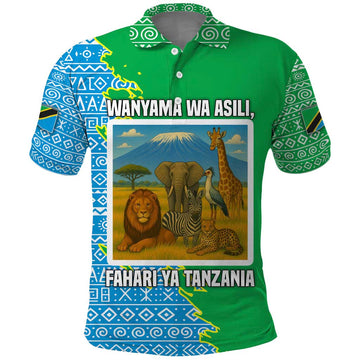 Tanzania Wildlife Polo Shirt with Tribal Print and Mount Kilimanjaro Safari Scene TS04