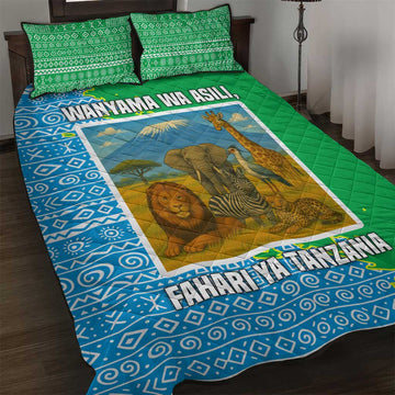 Tanzania Wildlife Quilt Bed Set - Tribal Print and Mount Kilimanjaro Safari Scene TS04