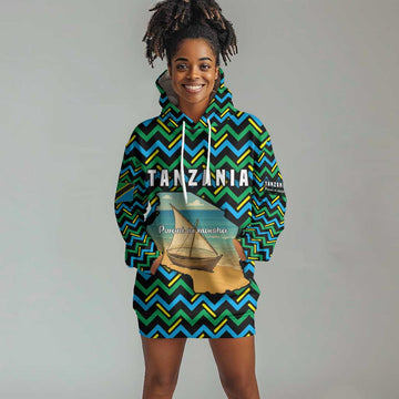 Tanzania Coastal Life Hoodie Dress - Swahili Dhow Boat and Tribal Pattern TS04