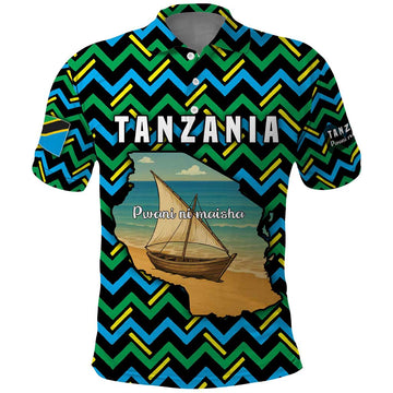 Tanzania Coastal Life Polo Shirt with Swahili Dhow Boat and Tribal Pattern TS04