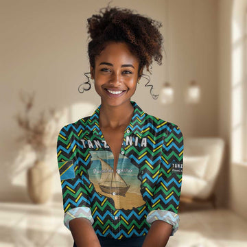 Tanzania Coastal Life Women Casual Shirt - Swahili Dhow Boat and Tribal Pattern TS04