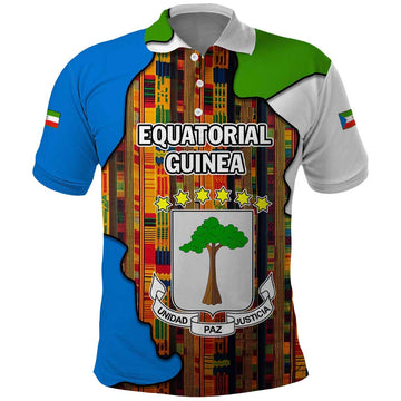 Equatorial Guinea Kente Polo Shirt with Tribal Mask and National Coat of Arms TS04