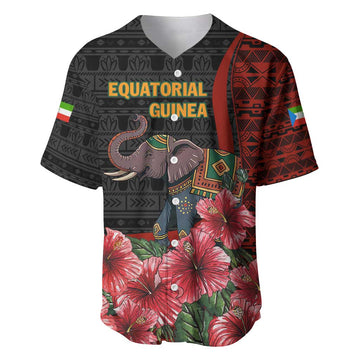 Equatorial Guinea Elephant Baseball Jersey - Hibiscus Flowers and Tribal Patterns TS04