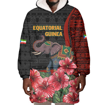 Equatorial Guinea Elephant Wearable Blanket Hoodie - Hibiscus Flowers and Tribal Patterns TS04