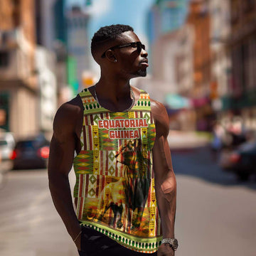 Equatorial Guinea Men Tank Top - Lion Print and Traditional African Kente Patterns TS04