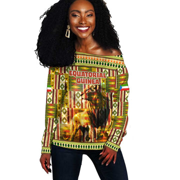 Equatorial Guinea Off Shoulder Sweater - Lion Print and Traditional African Kente Patterns TS04