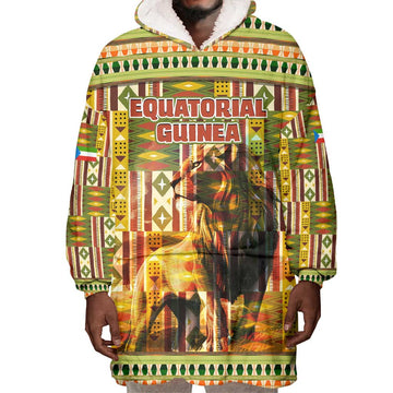 Equatorial Guinea Wearable Blanket Hoodie - Lion Print and Traditional African Kente Patterns TS04