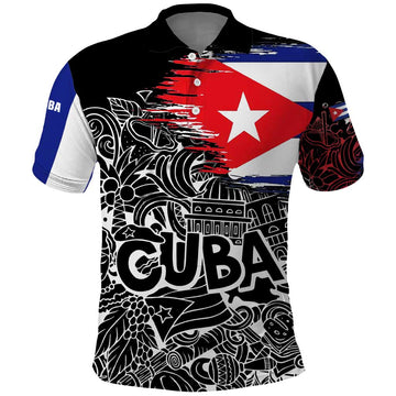 Cuba Flag Polo Shirt Black with Red White Blue Patriotic Graphics and Cultural Doodle Design TS04