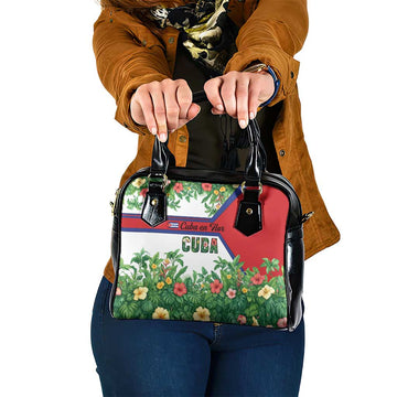 Cuba Floral Shoulder Handbag Tropical Flower Design with Cuban Flag and Cuba en Flor Script TS04
