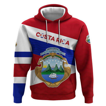 Costa Rica Flag Hoodie Red White Blue with National Coat of Arms and Shield Design TS04