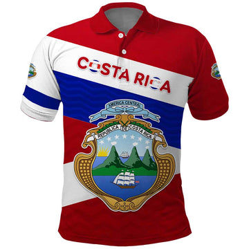 Costa Rica Flag Polo Shirt Red White Blue with National Coat of Arms and Shield Design TS04