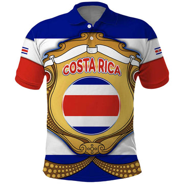 Costa Rica Flag Map Polo Shirt Red White Blue with National Colors and Gold Crest Design TS04