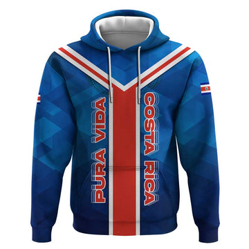 Costa Rica Pura Vida Hoodie Blue Geometric with Red Stripe and National Flag Detail TS04