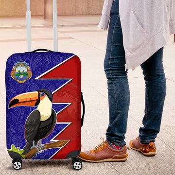 Costa Rica Toucan Luggage Cover Red and Blue with National Seal and Tropical Bird Graphic TS04