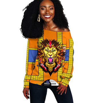 Swaziland Eswatini Off Shoulder Sweater Lion Shield and Leopard Print Tribal Design TS04
