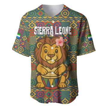 Sierra Leone Baseball Jersey - Cute Lion Playing Djembe Drum and Tribal Pattern Design TS04