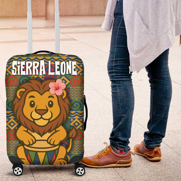 Sierra Leone Luggage Cover with Cute Lion Playing Djembe Drum and Tribal Pattern Design TS04