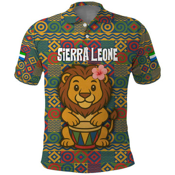 Sierra Leone Polo Shirt with Cute Lion Playing Djembe Drum and Tribal Pattern Design TS04