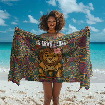 Sierra Leone Sarong - Cute Lion Playing Djembe Drum and Tribal Pattern Design TS04