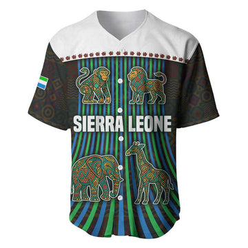 Sierra Leone Baseball Jersey - Tribal Animal Pattern Featuring Lion Elephant Giraffe and Monkey TS04