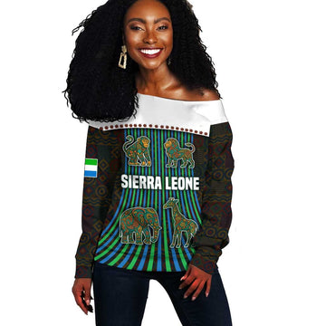 Sierra Leone Off Shoulder Sweater - Tribal Animal Pattern Featuring Lion Elephant Giraffe and Monkey TS04