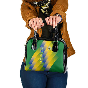 Gabon Flag Colors Shoulder Handbag with National Coat of Arms and Vertical Text Design TS04