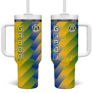Gabon Flag Tumbler With Handle - National Coat of Arms and Vertical Design TS04