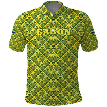 Gabon Tribal Pattern Polo Shirt with National Flag Colors and Bold Text Design TS04