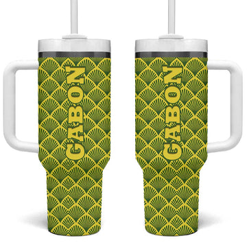 Gabon Tribal Pattern Tumbler With Handle - National Flag Colors and Bold Text Design TS04