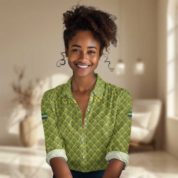 Gabon Tribal Pattern Women Casual Shirt - National Flag Colors and Bold Text Design TS04