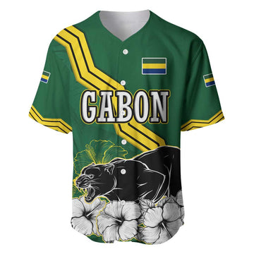 Gabon Baseball Jersey - Black Panther Graphic and Hibiscus Flower Design in National Colors TS04