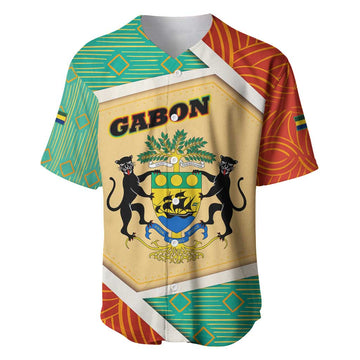 Gabon Baseball Jersey - National Coat of Arms and Tribal Pattern Map Design in Bold Colors TS04