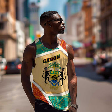 Gabon Men Tank Top - National Coat of Arms and Tribal Pattern Map Design in Bold Colors TS04