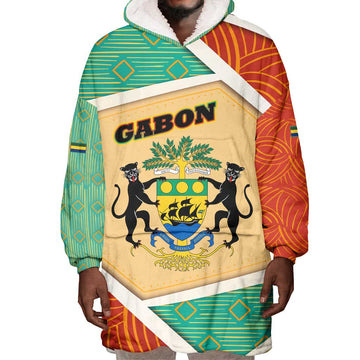 Gabon Wearable Blanket Hoodie - National Coat of Arms and Tribal Pattern Map Design in Bold Colors TS04