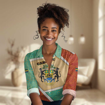 Gabon Women Casual Shirt - National Coat of Arms and Tribal Pattern Map Design in Bold Colors TS04