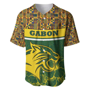 Gabon Baseball Jersey - Tribal Print and Fierce Panther Graphic in National Flag Colors TS04