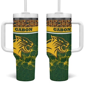 Gabon Tumbler With Handle - Tribal Print and Fierce Panther Graphic in National Flag Colors TS04