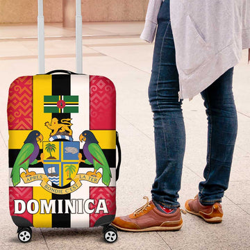 Dominica Flag Luggage Cover Red Yellow and Black with Coat of Arms and National Motto Design TS04