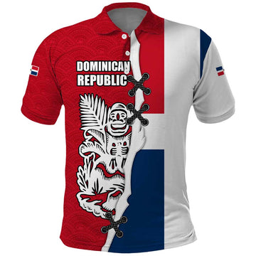 Dominican Republic Flag Half Zip Design Polo Shirt with Coat of Arms and Taino Symbol TS04